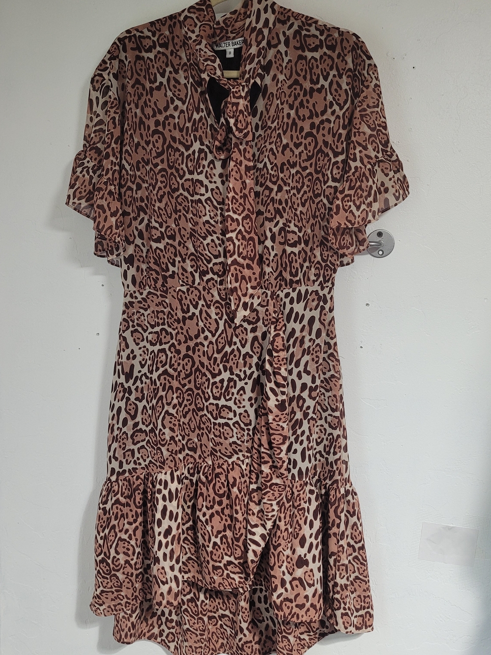 Walter Baker Leopard Print Tie-Neck Dress